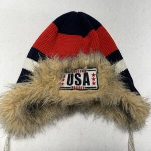 Gongshow Hockey USA Trapper Hat Faux Fur Ear Flap Knit Beanie One Size